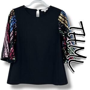 THML Sequin‑Sleeve Knit Top Black Rainbow Sequin Flounce Sleeves Womens Size S